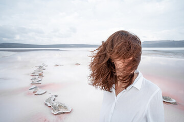 Pink lake on the Crimean Peninsula taken during the day from a quadrocopter
