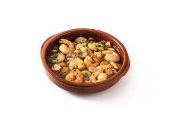 Garlic prawns in crock pot isolated on white background