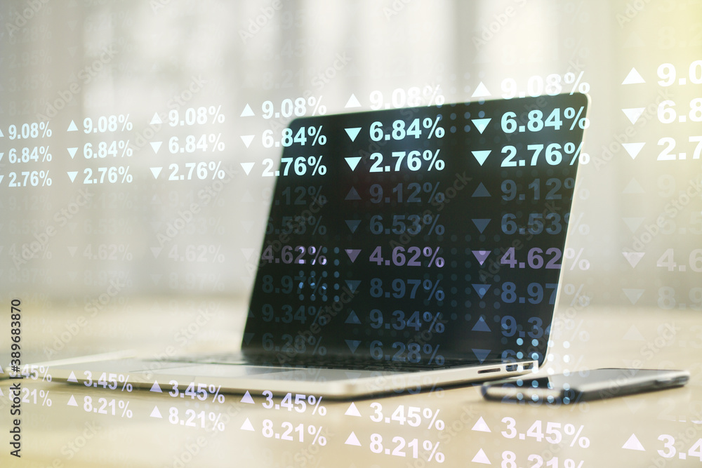 Poster multi exposure of abstract statistics data hologram interface on computer background, computing and 