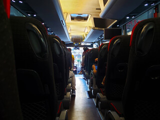 Tourist bus salon before boarding close up