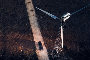 Wind farm in Crimea on Cape Tarkhankut taken from a quadrocopter in dark colors