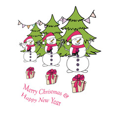 Merry Christmas and Happy New Year banner. Snowman christmas tree gift box, flag on white art design stock vector illustration for web, for print