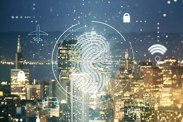 Multi exposure of virtual fingerprint scan interface on San Francisco office buildings background, digital access concept