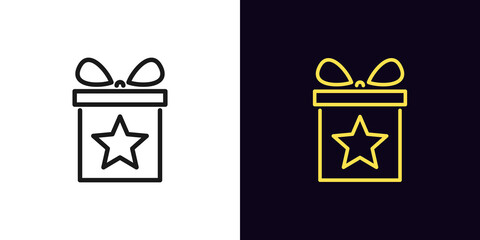 Outline gift box icon. Linear present with star, magic gift with editable stroke