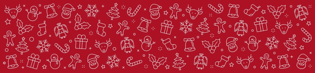 Christmas background. Merry Christmas and Happy New Year. Collection xmas icons. Winter, santa, tree, presents, snowflakes, holiday. Vector illustration.