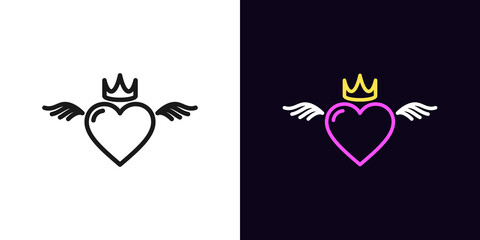Outline king or queen heart, icon with editable stroke. Linear royal heart with crown and wings