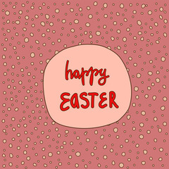 Vector greeting card with the inscription Happy Easter. Cute retro picture with vector background. Illustration and lettering hand-drawn for the Easter holiday in the flat style. Happy spring holiday