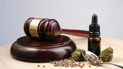 Cannabis, marijuana and hemp products on court table with judges gavel. Illegal crime concept.
