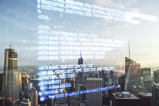 Multi exposure of abstract creative coding sketch on New York city skyline background, artificial intelligence and neural networks concept