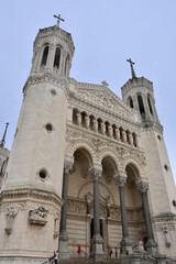 Fototapeta na wymiar Main entrance of the Basilica of Notre-Dame de Fourviere in Lyon, Rhone-Alpes, France