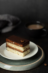 One slice of coffee and chocolate sponge cake 