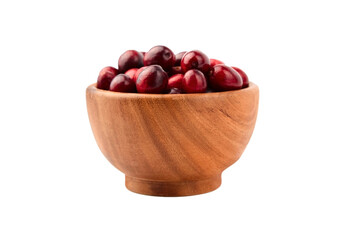 Cranberries in wooden bowl isolated on white