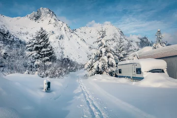 Foto op Plexiglas Wonderful winter view of Lofoten Island. Spectacular morning scene of Norway, Europe. Snowy landscape of mountain village. Traveling concept background.  Life over polar circle. © Andrew Mayovskyy