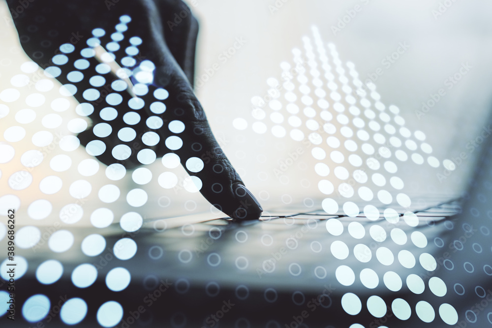 Poster creative abstract upward arrows sketch and hands typing on computer keyboard on background, target a