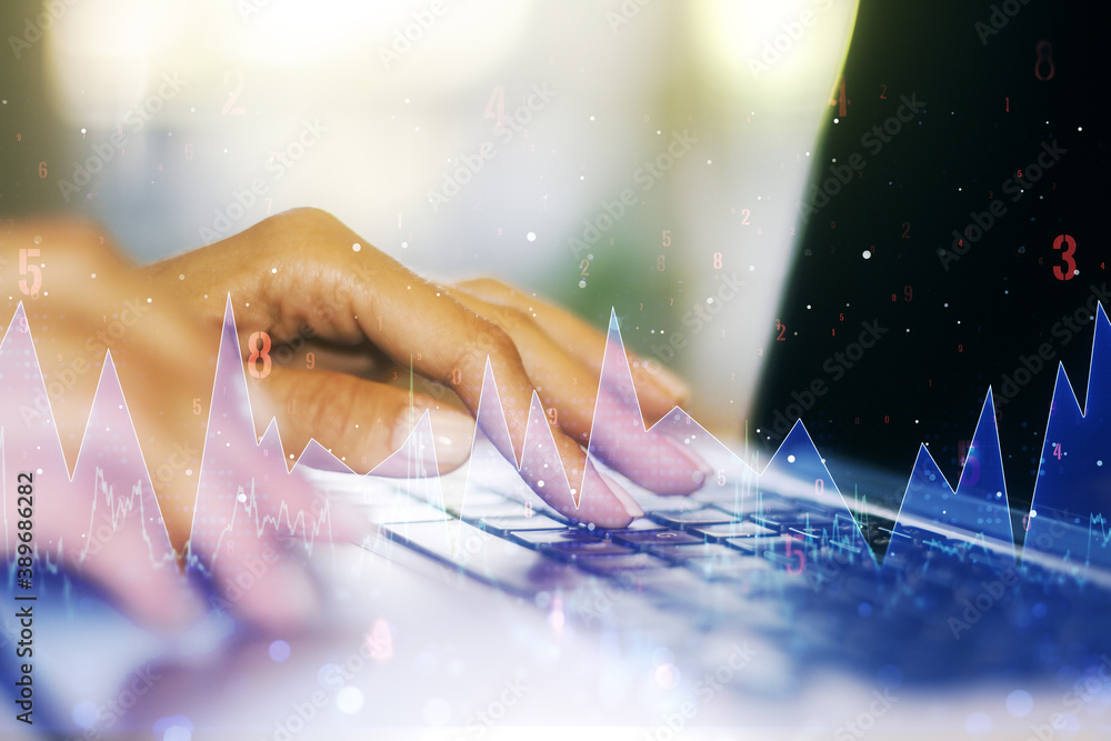 Poster Double exposure of abstract creative statistics data hologram with hands typing on laptop on background, analytics and forecasting concept