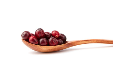 Cranberries in wooden spoon isolated on white background