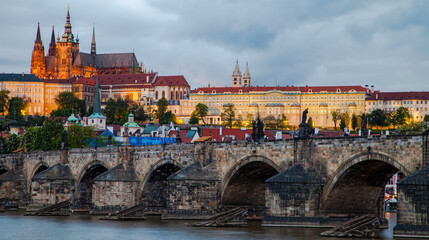 Prague Castle and Charles Bridge at blue hour