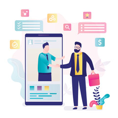 Fototapeta premium Successful negotiations, businesspeople shake hands on mobile phone screen. Remote negotiations on internet.