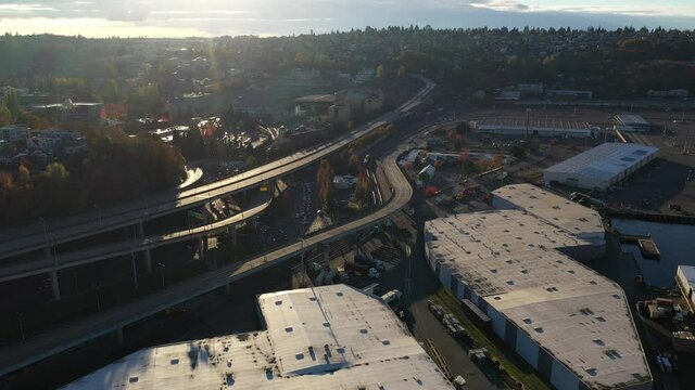 Aerial / drone footage of West Seattle, the West Seattle bridge, Harbor Island, Duwamish Waterway, Seattle Harbor terminals, warehouses, Elliott Bay in Seattle, King County, Washington