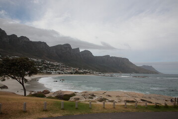 View of Camps Bay with  Beach and Twelve Apostles mountain in Cape Town, Western Cape Province,...