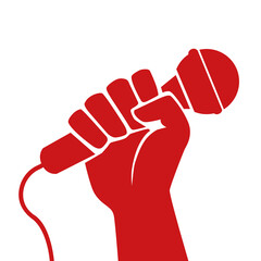 Concept de la liberté d’expression, avec un poing levé tenant un micro, symbolisant la lutte pour le droit d’informer librement. - 389687067