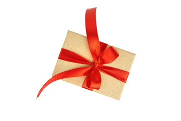 Gift box with red ribbon bow isolated on white background