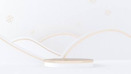 Marry Christmas and New Year greeting card, poster, banner with stars and toys - 3D, render. 3D Christmas background. Podium, stand, platform for product presentation with neon stars and tree.	
