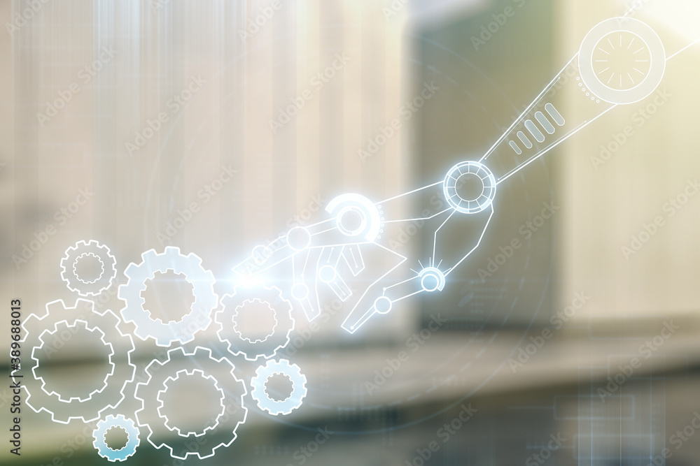 Poster abstract virtual robotics technology hologram on blurry modern office building background. robot dev