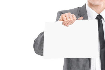 young businessman showing a blank sheet.isolated on a white