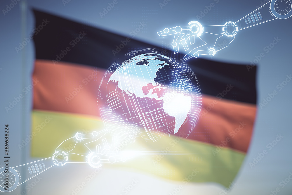 Aufkleber abstract virtual robotics technology hologram with globe sketch on flag of germany and blue sky back