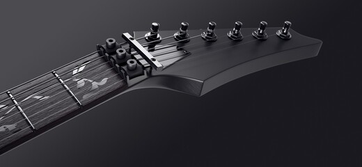 Close-up of the top of an electric guitar. Dark background.