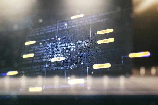 Abstract virtual coding illustration on blurry contemporary office building background, software development concept. Multiexposure