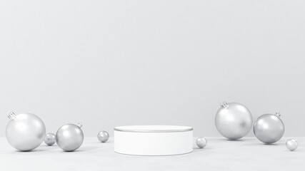 Marry Christmas and New Year greeting card, poster, banner with   stars and toys - 3D, render. 3D Christmas background. Podium, stand, platform for product presentation with stars and tree.