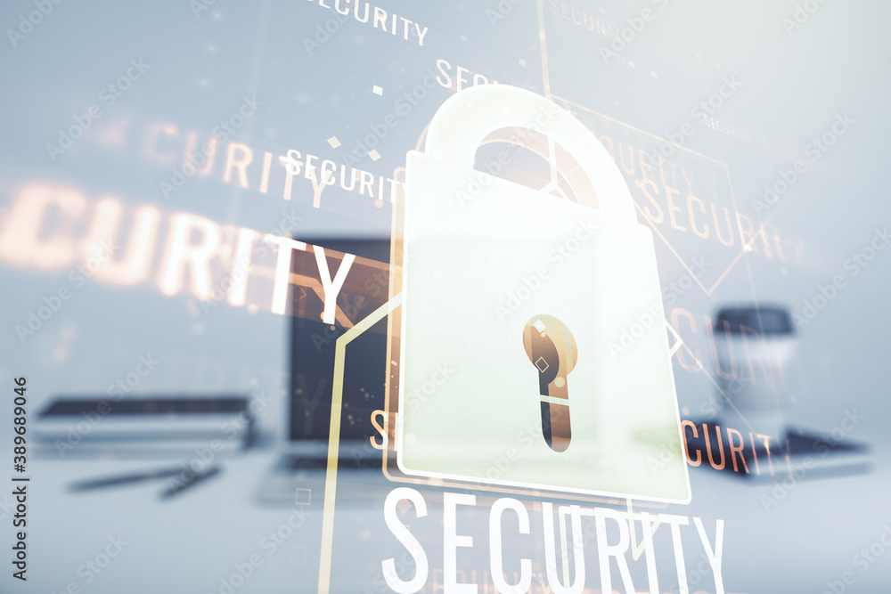 Poster Creative light lock illustration with microcircuit on modern computer background, cyber security concept. Multiexposure