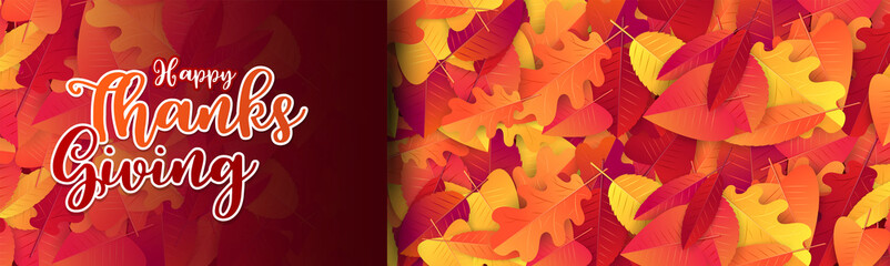 Thanksgiving sale banner, website header or newsletter cover. Red and orange fall leaves realistic vector illustration