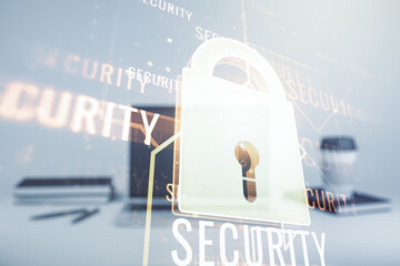 Creative light lock illustration with microcircuit on modern computer background, cyber security concept. Multiexposure