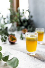 Cocktails with passion fruit and pistrachio syrup 