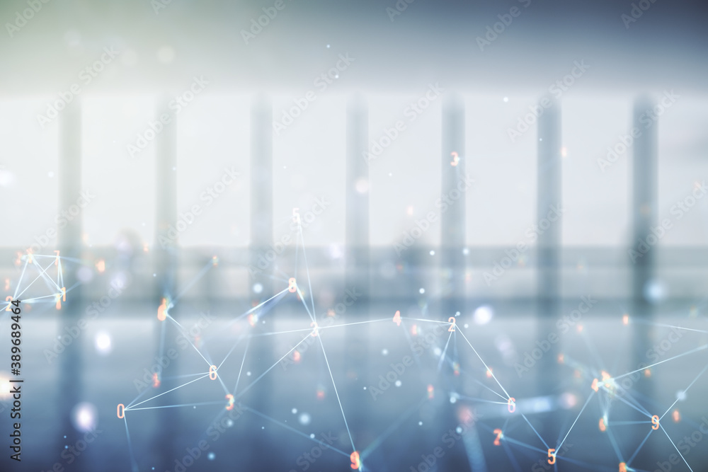 Poster abstract virtual wireless technology hologram on empty corporate office background. big data and dat