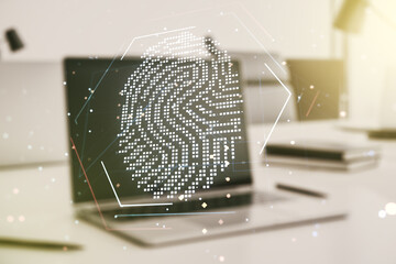 Abstract creative fingerprint illustration on modern computer background, personal biometric data concept. Multiexposure
