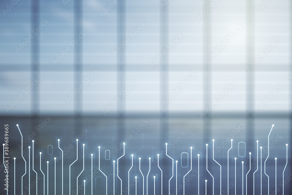 Aufkleber double exposure of abstract virtual circuit hologram on empty modern office background. research and