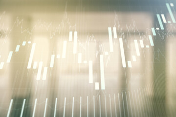 Double exposure of abstract creative financial chart hologram on empty modern office background, research and strategy concept