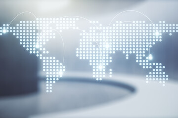 Abstract virtual world map with connections on empty corporate office background, international trading concept. Multiexposure