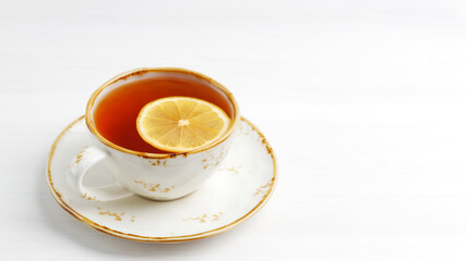 Cup of tea with a slice of lemon on white wooden table. Copyspace.