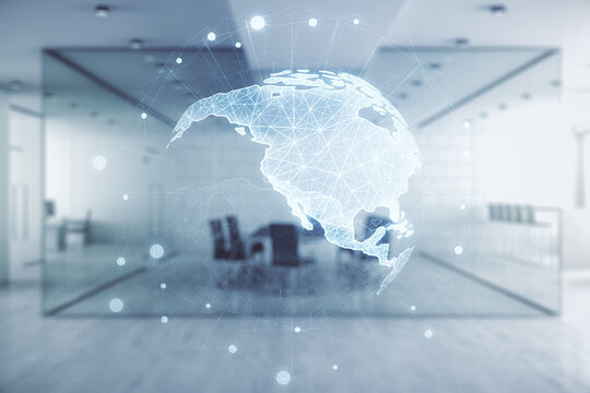 Double exposure of graphic America map hologram on a modern furnished office interior background, big data and digital technology concept