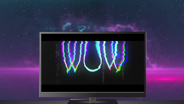 Animation of glowing wow text over television screen with glowing purple background