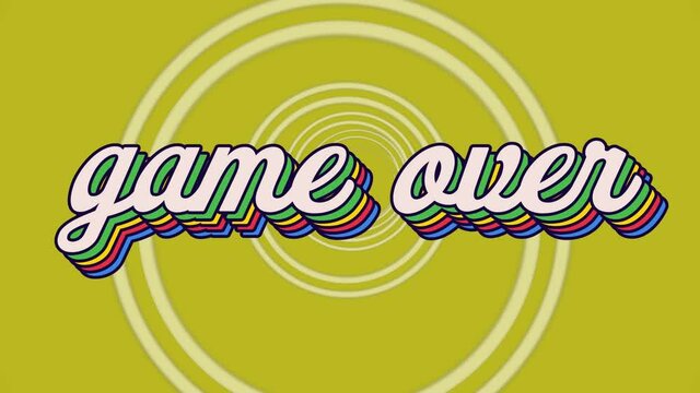Animation of retro game over rainbow text over multiple white outlined circles on lime background