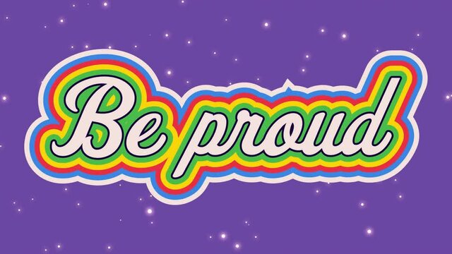 Animation of retro be proud rainbow text over white glowing spots on purple background