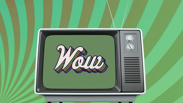 Animation of retro wow rainbow text over vintage tv set and green stripes in the background