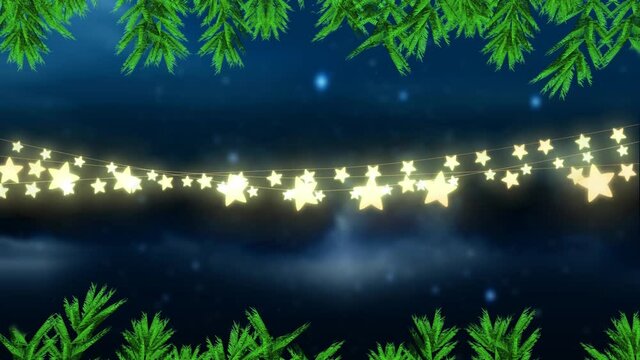 Animation of christmas fairy lights with fir tree branch on blue background