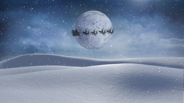 Animation of silhouette of santa claus in sleigh being pulled by reindeer with full moon and snow fa